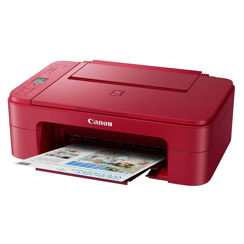 Red Canon PIXMA TS3352 multifunction printer with paper output, ideal for home use with wireless and mobile printing capabilities.