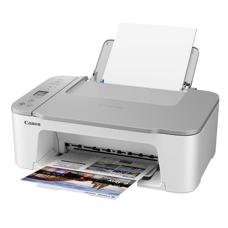 Canon PIXMA TS3451 multifunction printer with paper loaded, featuring wireless printing and compact design.