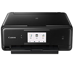 Canon PIXMA TS8050 multifunction printer with touchscreen display in black finish.