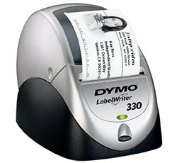 Dymo LabelWriter 330 compact thermal label printer showing printed label.