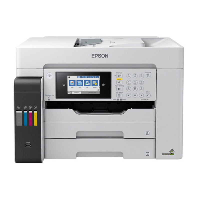 Epson EcoTank ET-16600 large format printer with touchscreen, automatic document feeder, and high-efficiency ink tank system.