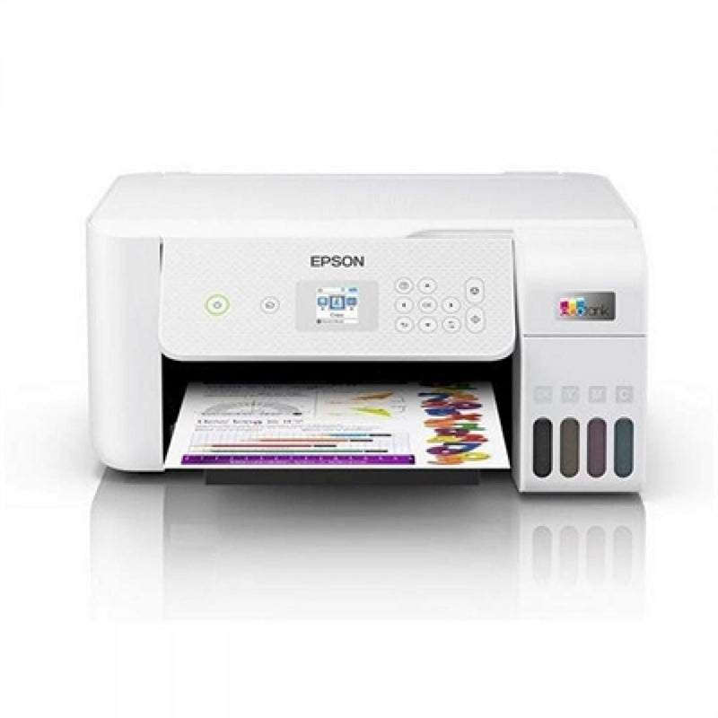 Epson EcoTank ET-2826 inkjet printer with refillable ink system, Wi-Fi printing, featuring Apple AirPrint and Google Cloud support.
