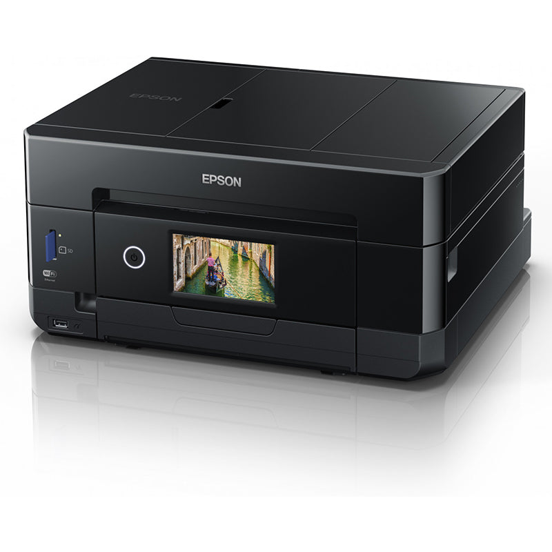 Epson Expression Premium XP-7100 multifunction printer with photo printing display, featuring a sleek design and advanced capabilities.