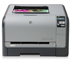 Front view of HP Color LaserJet CP1515n printer, compact design, reliable color printing at 600 dpi, Ethernet connectivity shown.