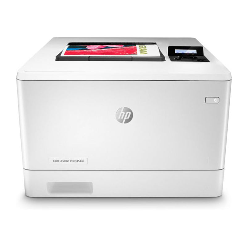 Front view of HP Color LaserJet Pro M454dn printer, designed for office use with duplex printing and 27 pages per minute speed.