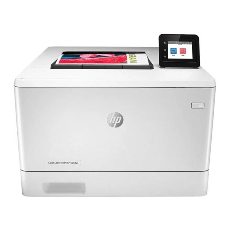 HP Color LaserJet Pro M454dw printer with a modern design and touchscreen display for efficient office printing.