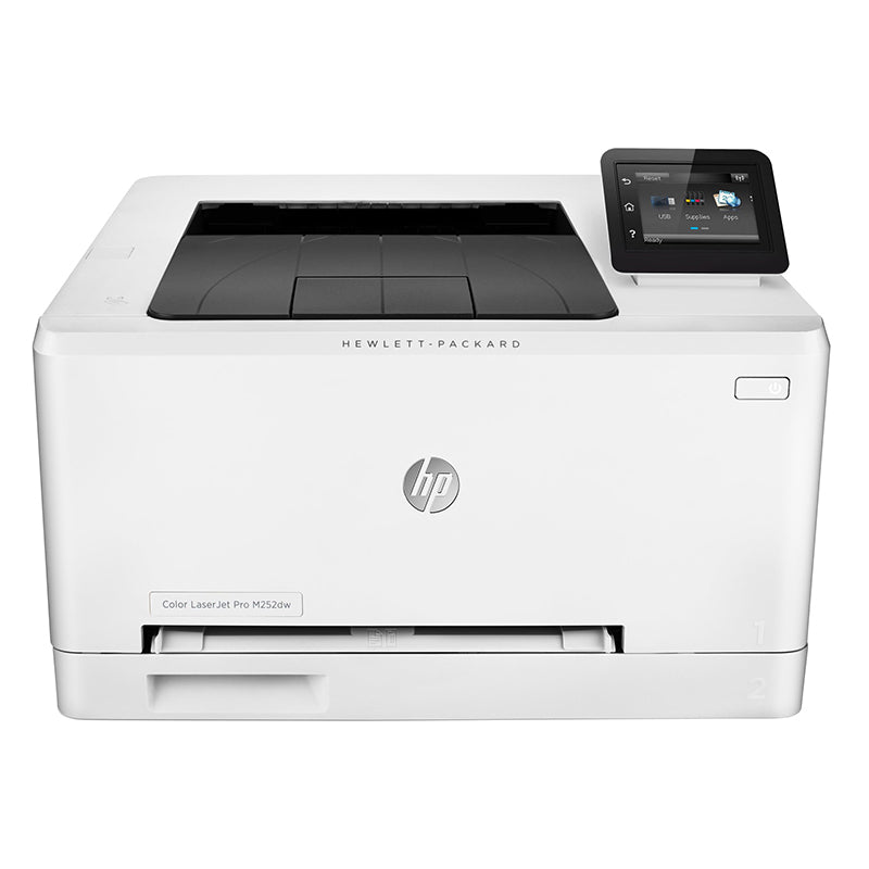 HP Color LaserJet Pro MFP M252 multifunction color laser printer with touchscreen display.