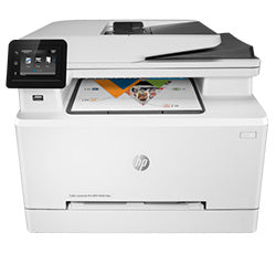 HP Color LaserJet Pro MFP M281 multifunction printer with display, ideal for small offices and home use, supports duplex printing.
