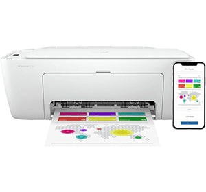 HP Deskjet 2720 All-in-One Printer with smartphone showing HP Smart App.