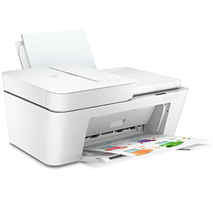 HP DeskJet Plus 4120 All-in-One printer on a white background, showcasing its compact design and printing capabilities.