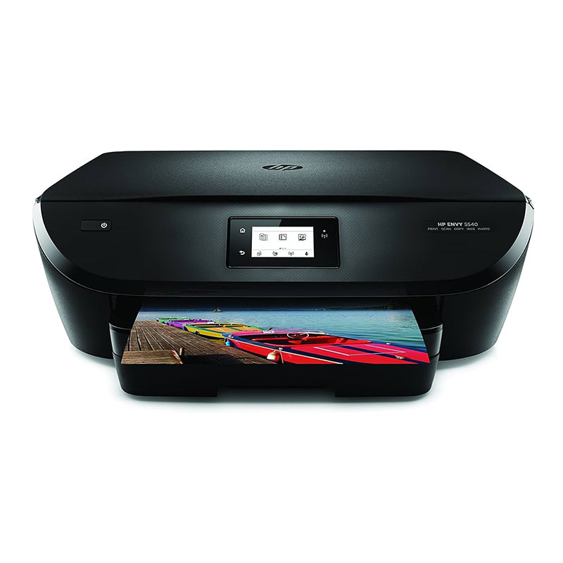 HP ENVY 5540 e-All-in-One printer displaying colorful photo, featuring print, scan, and copy functions with wireless connectivity.