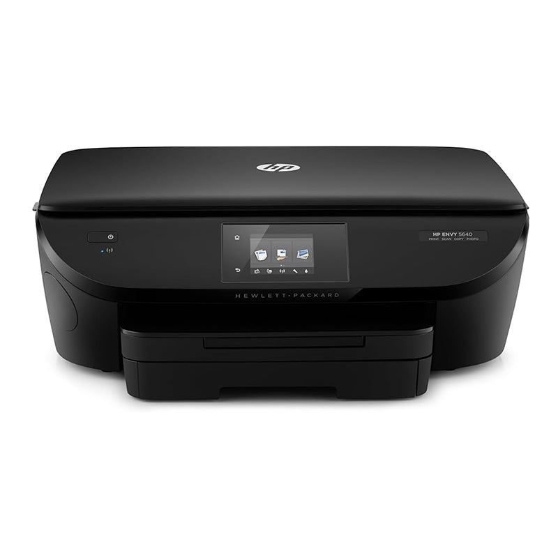 HP ENVY 5640 e-All-in-One printer with touchscreen display, offering printing, scanning, and copying features for home use.