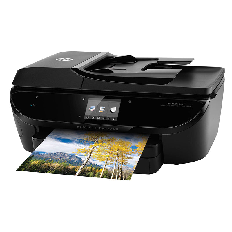 HP ENVY 7640 e-All-in-One printer with printed photo, featuring wireless printing, scanning, and copying capabilities.