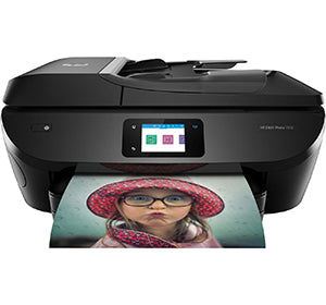 HP Envy Photo 7830 printing vibrant color photo, showcasing all-in-one features like printing, scanning, copying, and faxing.