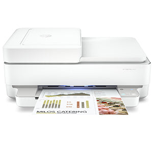 HP Envy Pro 6422 printer with document feeder, printing colorful charts, supports Wi-Fi and mobile printing via HP Smart App.