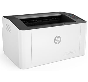 HP Laser 107w monochrome laser printer, ideal for small offices, with Wi-Fi and mobile printing support, compact design.