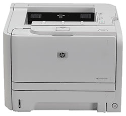 Front view of HP LaserJet P2035 monochrome laser printer, known for high speed and 1200 dpi resolution.