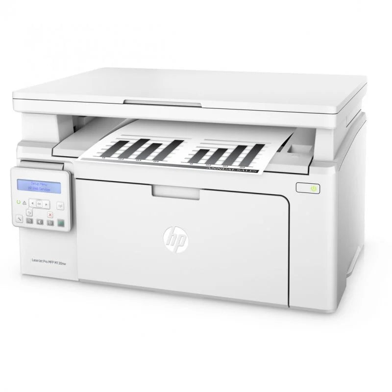 HP LaserJet Pro MFP M130 multifunction printer with print, scan, copy features, ideal for small offices, featuring fast print speed.