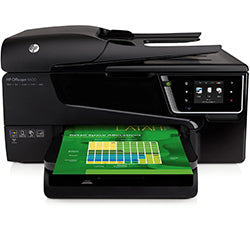 HP OfficeJet 6600 multifunction inkjet printer with document feeder, touchscreen, and Wi-Fi capabilities, printing a color chart.