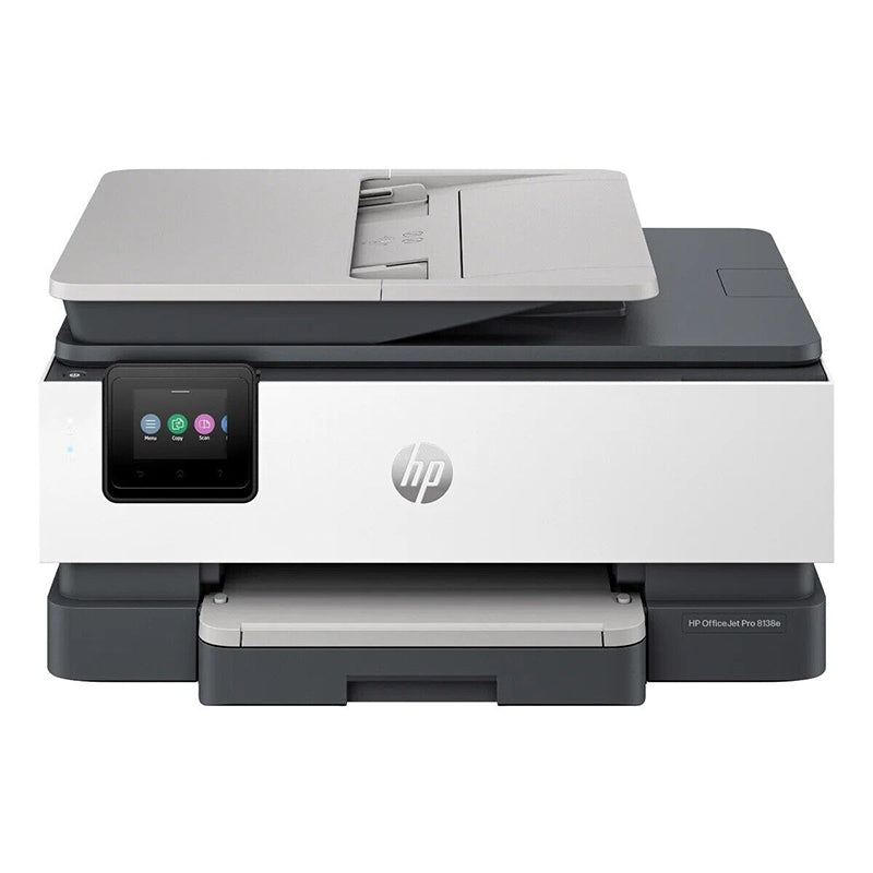 HP OfficeJet Pro 8138E printer with touchscreen, featuring high print speeds, duplex printing, and versatile functionality.