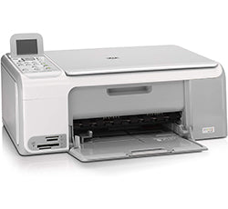 HP PhotoSmart C4180 multifunction inkjet printer with print, scan, copy features, compact design, open front tray.