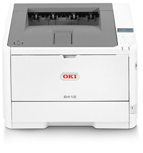 Oki B412 monochrome laser printer, ideal for small offices, with 33 ppm speed and 1200 dpi resolution.