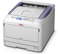 Oki C822 compact A3 color printer with high speed and LED technology, showing front and top views.