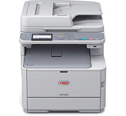 Front view of Oki MC332dn multifunction printer with automatic document feeder and control panel.