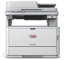 Oki MC352 multifunction color printer with print, copy, scan, and fax capabilities, ideal for small to medium-sized offices. Efficient and fast.