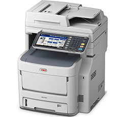 Oki MC760dnfax multifunction color printer with high print speed, 28 ppm, 1200x600 dpi resolution, print, copy, scan, and fax features.