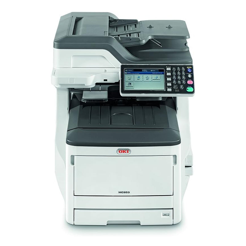 Front view of Oki MC853DN multifunction color printer with display panel and paper tray.