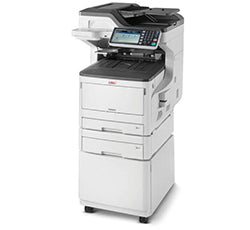 Oki MC853DNCT multifunction color printer with high-speed printing, scanning, copying, and faxing capabilities.