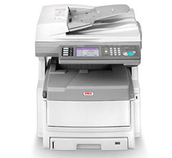 Oki MC860 multifunction color printer with print, copy, scan, and fax features for small to medium-sized workgroups.
