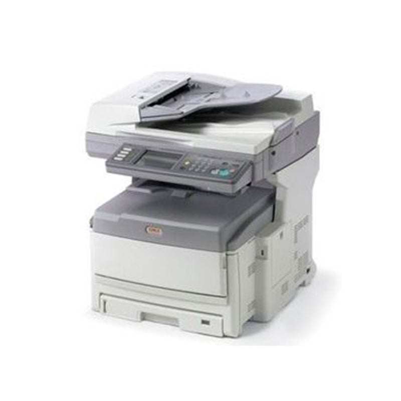 Oki MC861DN multifunction color printer with duplex, copy, scan, and fax capabilities for office use.