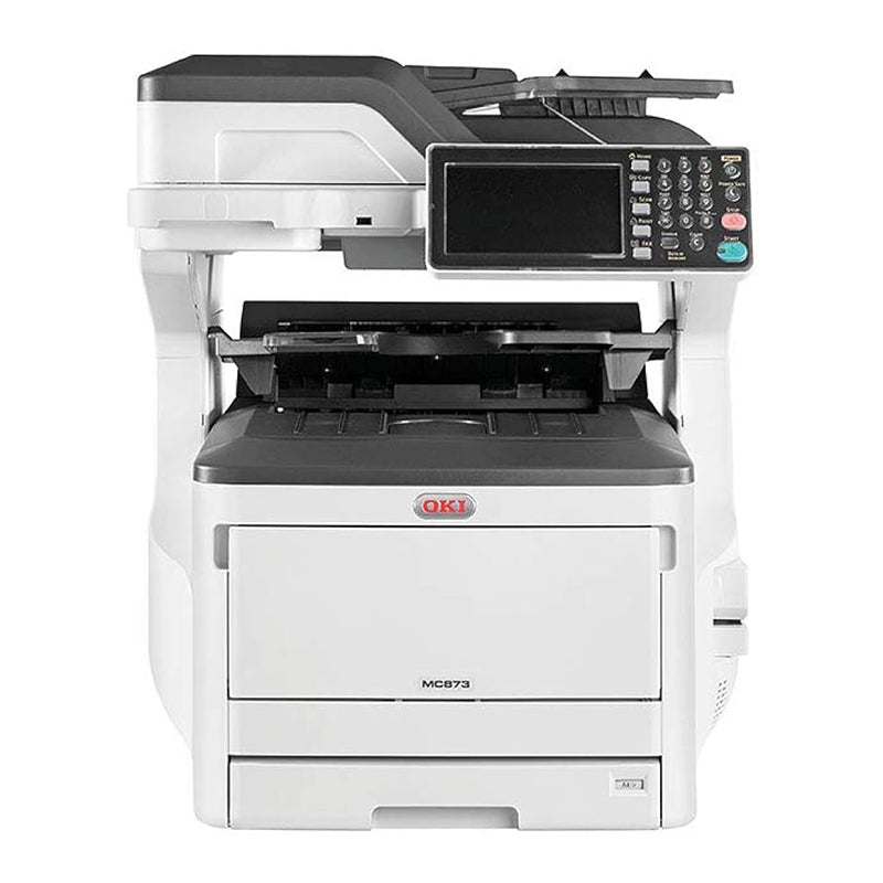 Oki MC873DN A3 color multifunction printer featuring high-speed printing, scanning, copying, and fax capabilities for office use.