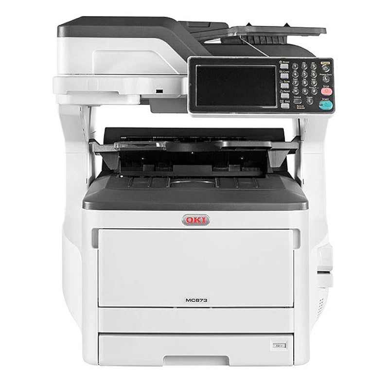 Oki MC873DNCT A3 multifunction printer, featuring high-speed color and monochrome printing up to 35 ppm, duplex, and LED technology.
