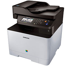 Samsung Xpress SL-C1860FW color laser printer with multifunction capabilities for office use, featuring print, copy, scan, and fax.
