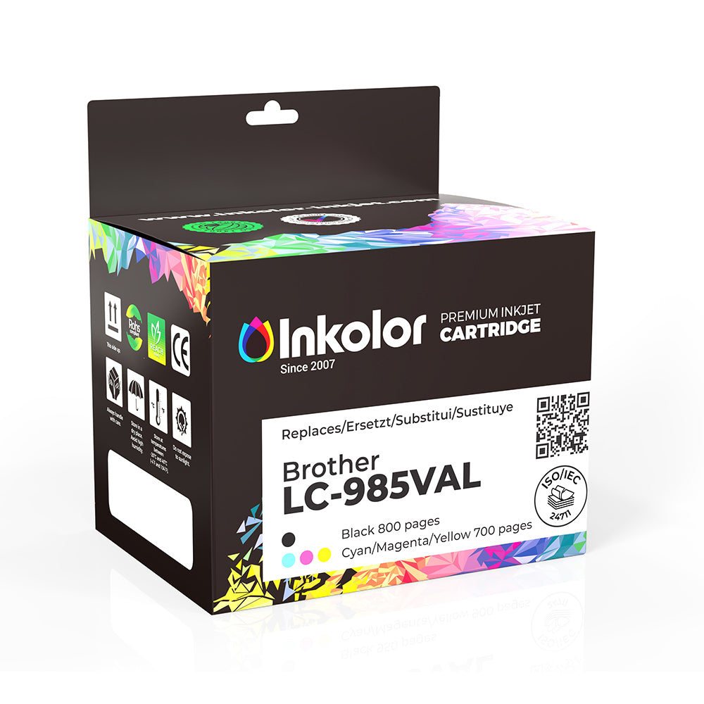 Brother LC-985VAL compatible ink cartridges multipack packaging, black, cyan, magenta, yellow, high print capacity.
