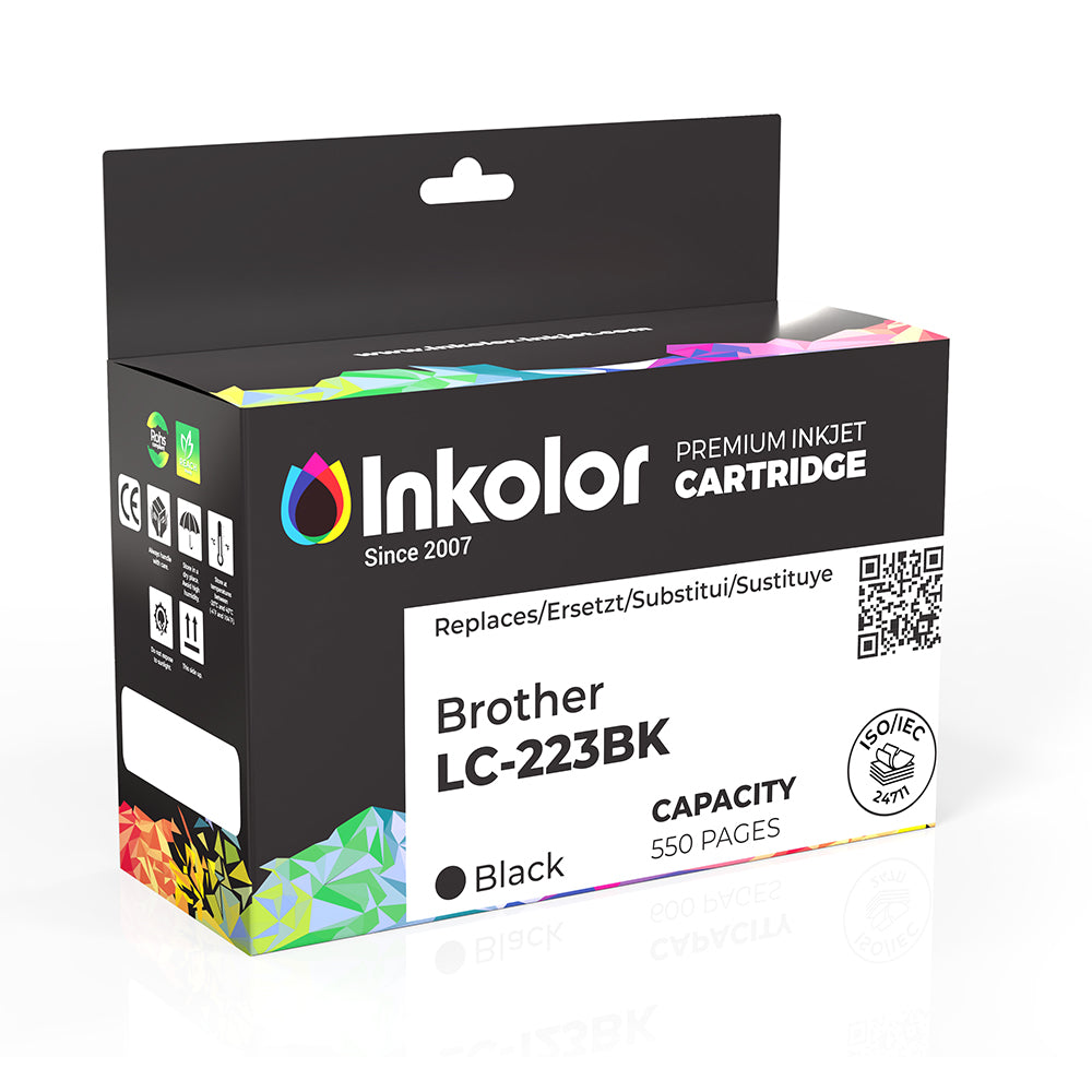 Brother LC-223BK compatible black ink cartridge, 550 pages capacity, replacement for original cartridges, packed in Inkolor box.