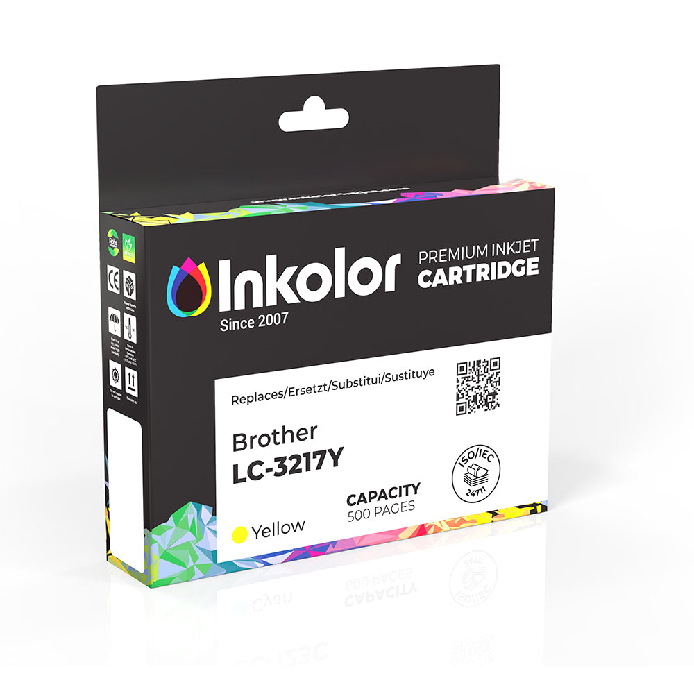 Brother LC-3217Y yellow ink cartridge packaging, high-quality prints and reliable, suitable for office and home use.