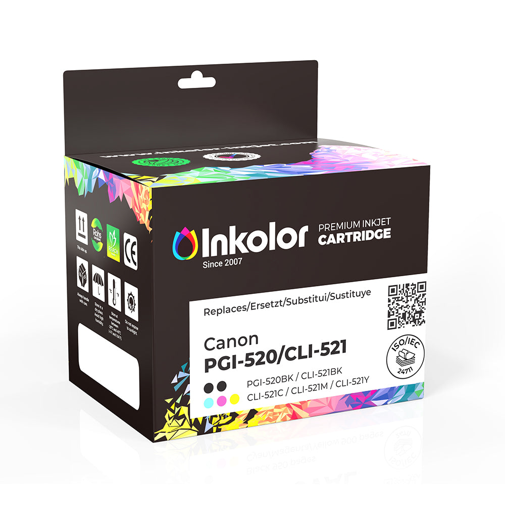 Canon PGI-520 + CLI-521 Multipack ink cartridges compatible, includes black, cyan, magenta, yellow for vibrant printing.