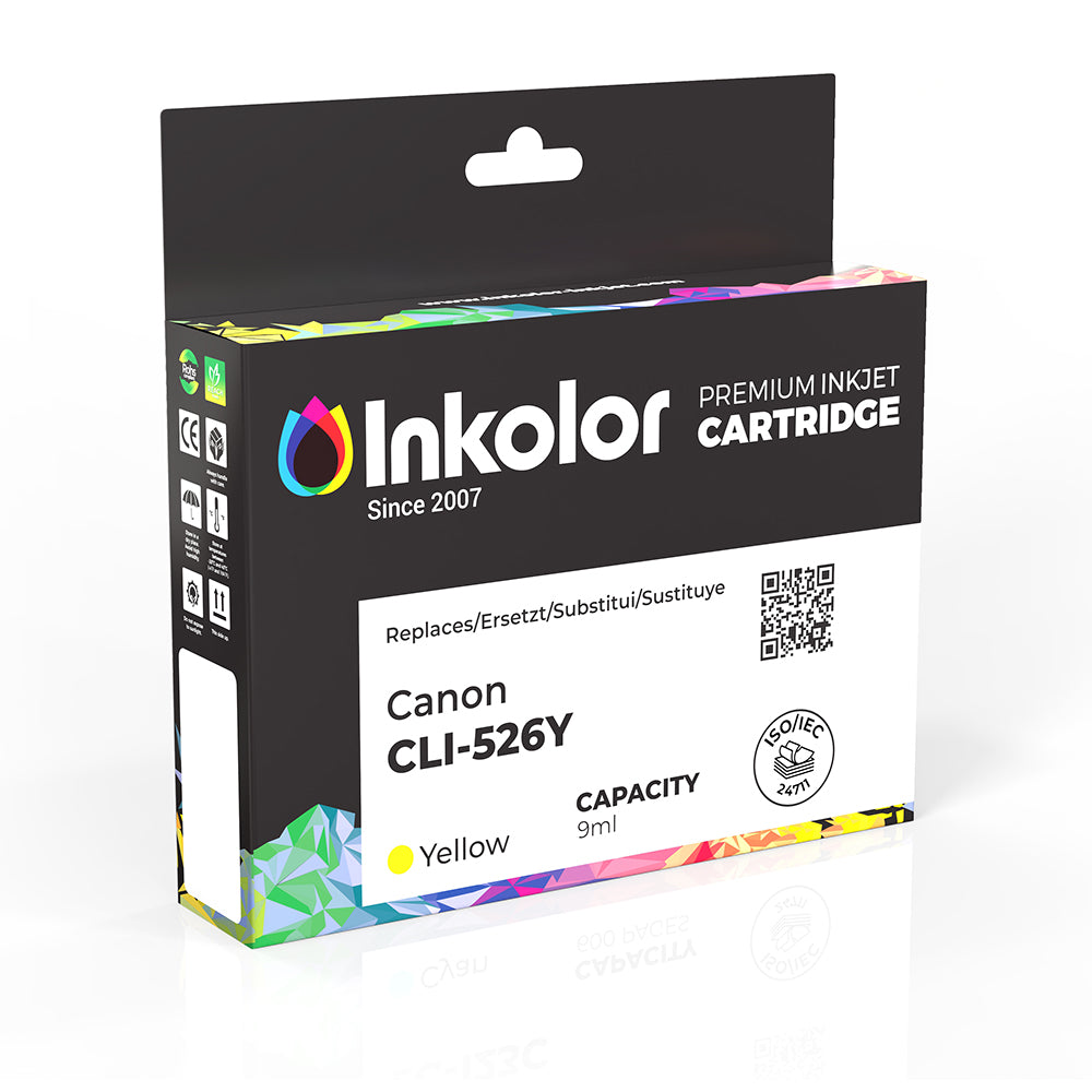 Box of Canon CLI-526Y compatible yellow ink cartridge for high-quality printing with vibrant colors, ideal for documents and photos.