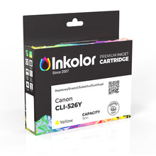 Box of Canon CLI-526Y compatible yellow ink cartridge for high-quality printing with vibrant colors, ideal for documents and photos.