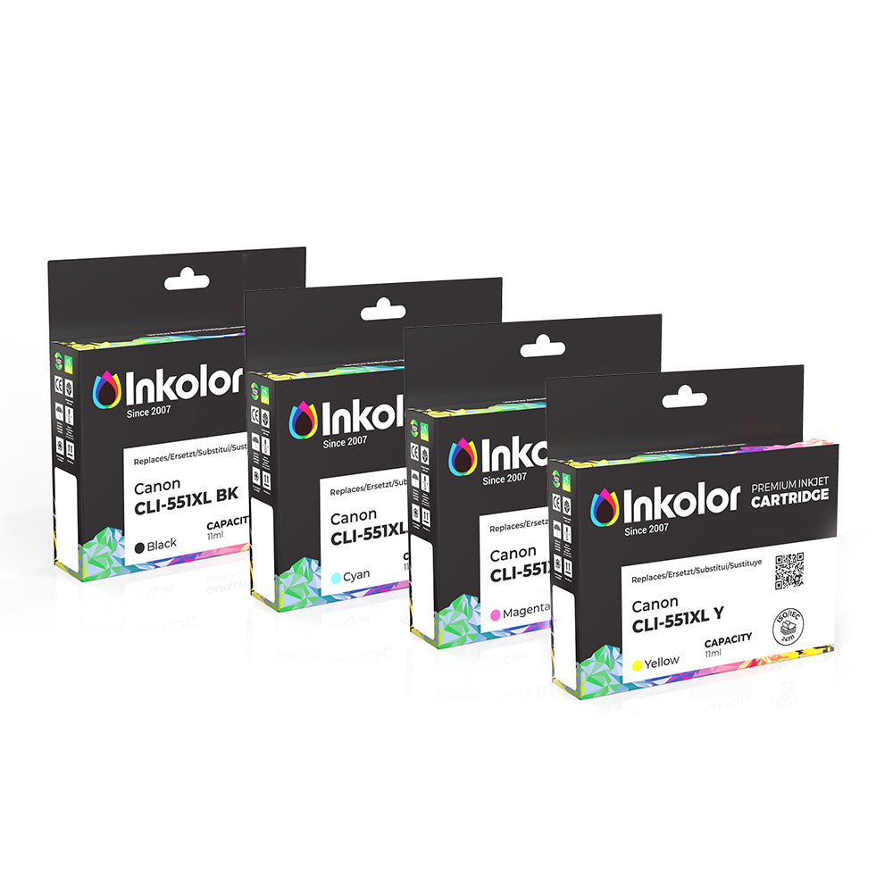 Canon CLI-551PA XL compatible ink cartridge multipack in black, cyan, magenta, yellow for high-quality prints and extended cycles.