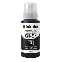 Inkolor premium black ink bottle replaces Canon GI-51, 135ml, for high-quality printing.