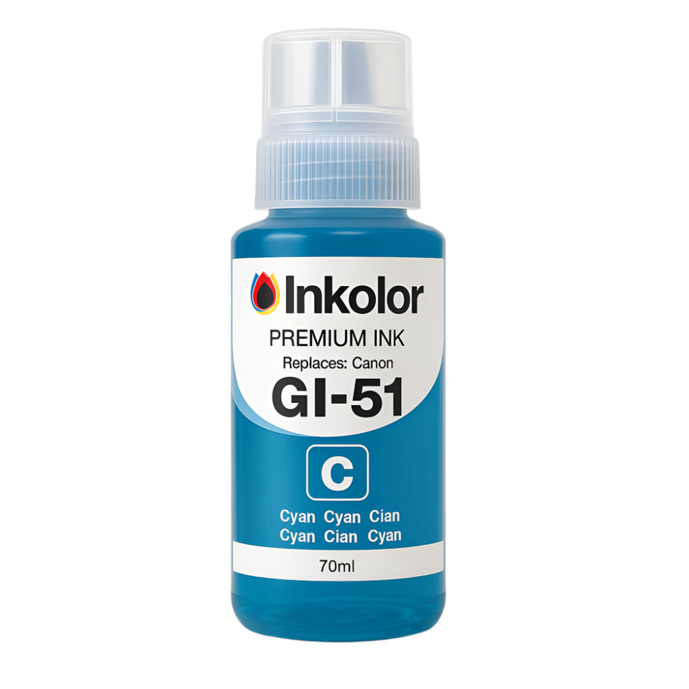 Canon GI-51C compatible cyan ink cartridge, 70ml bottle, vivid print quality, ideal for office and home.