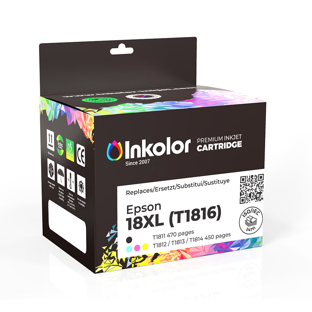 Inkolor Epson 18XL (T1816) compatible ink cartridge multipack packaging with vibrant design for high-quality printing.