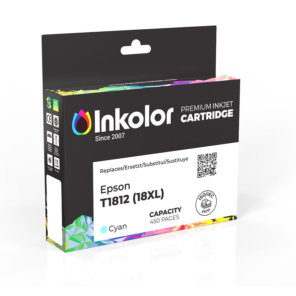 Epson 18XL T1812 compatible cyan ink cartridge packaging with capacity details and branding