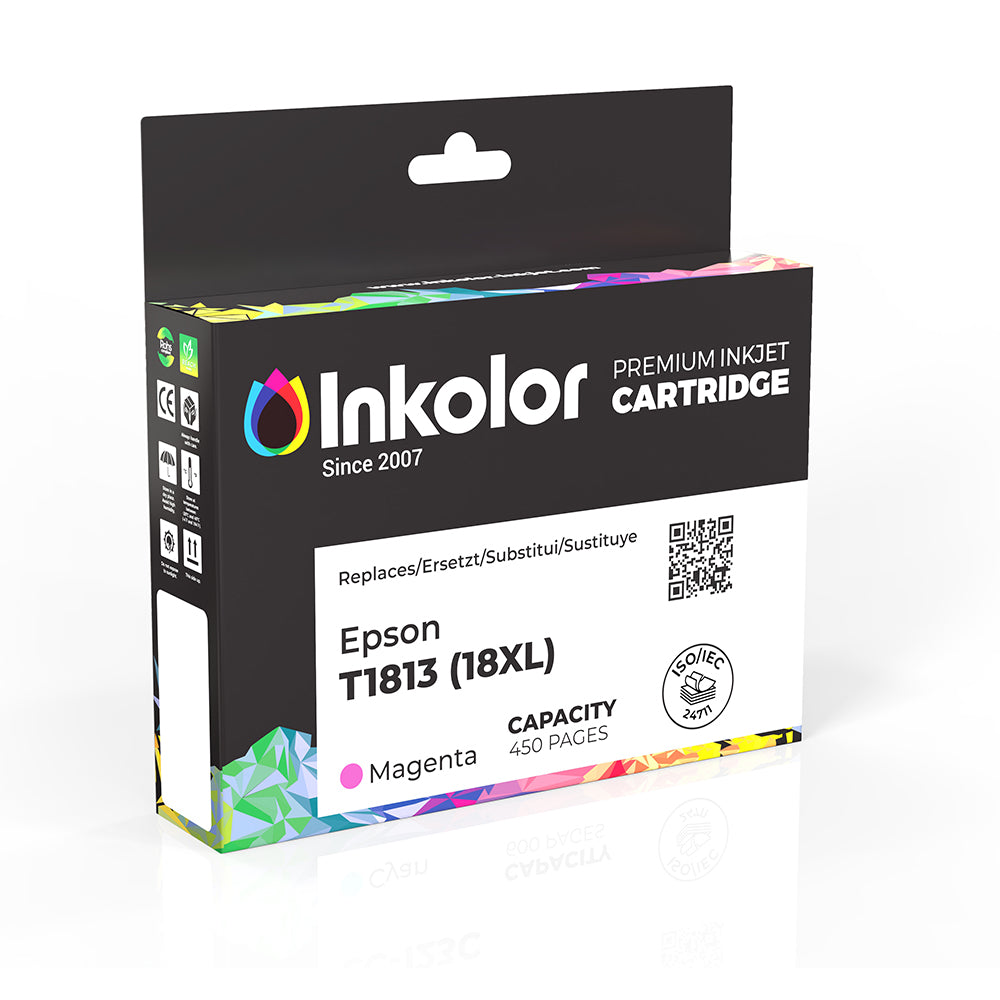 Epson 18XL T1813 Magenta ink cartridge packaging for high-quality, cost-efficient printing, 450-page capacity, Inkolor brand.