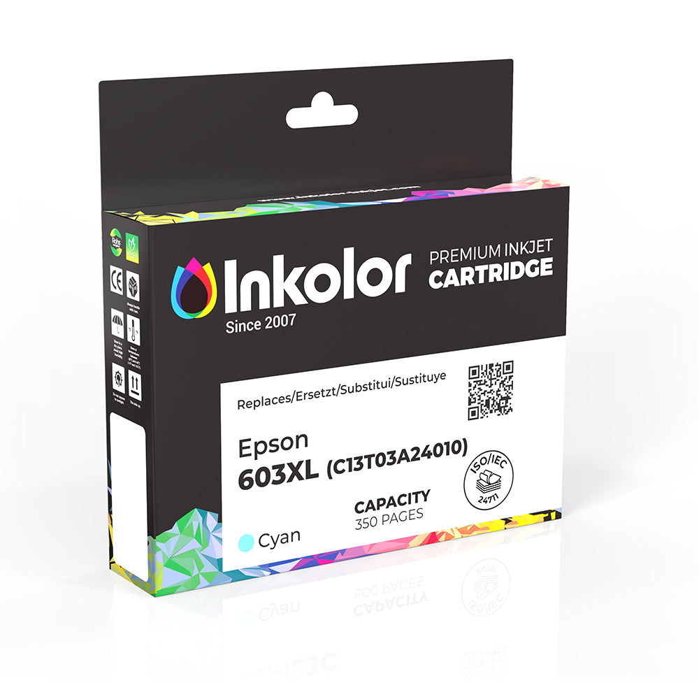 Epson 603XL compatible ink cartridge cyan packaging, Inkolor Premium Inkjet Cartridge, up to 350 pages capacity